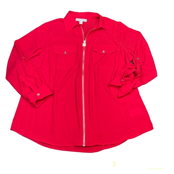 ✳️ MICHAEL MICHAEL KORS Zip Front Roll Tab Sleeve Utility Shirt Red Size 1X - Picture 2 of 9